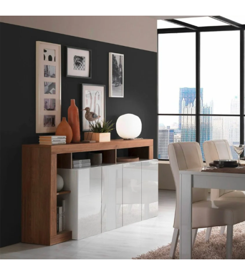 Buffet HAMBURG – Blanc laqué brillant / Bois Mercure
